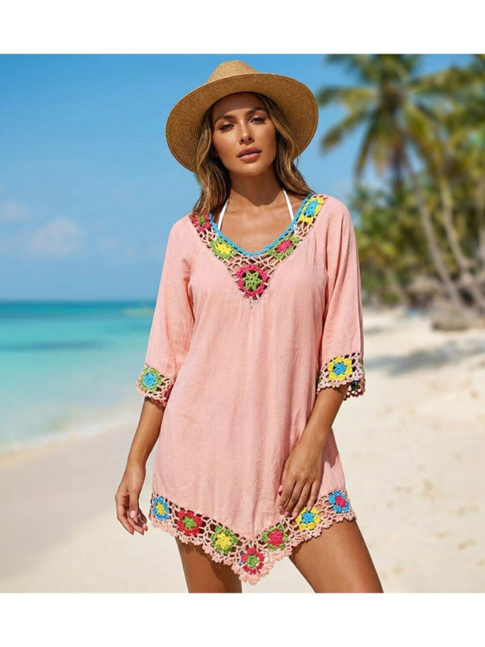 Tigerstars Pink Floral Crochet Trim Sheer Beach Cover Up Poncho
